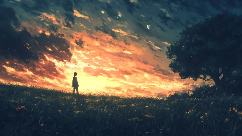 Backlit silhouette studies under multi-moon sunset sky gradient