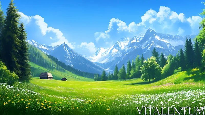 High-saturation alpine meadow with snowcapped range and cabins under clear sky