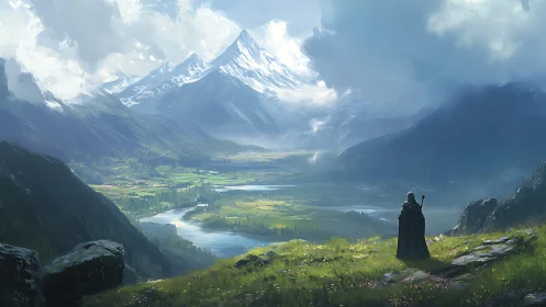 Solitary cloaked figure observing alpine valley panorama.
