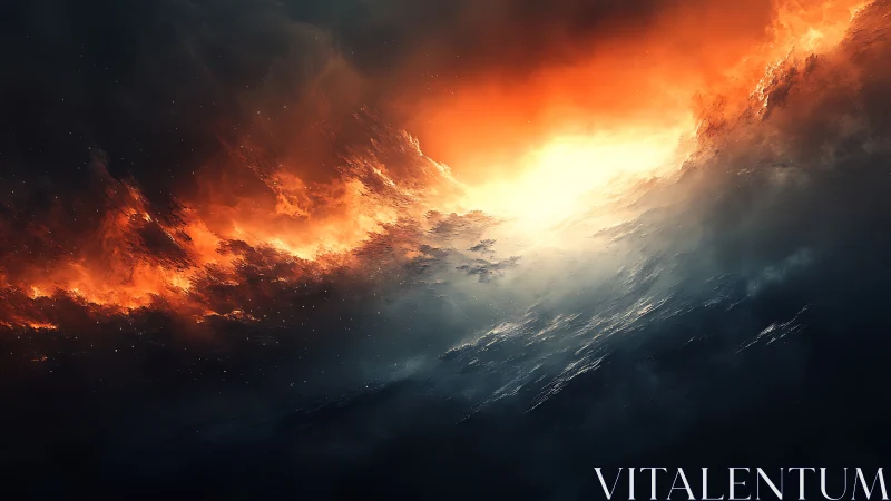 Fiery cloud mass over dark atmospheric expanse in motion.