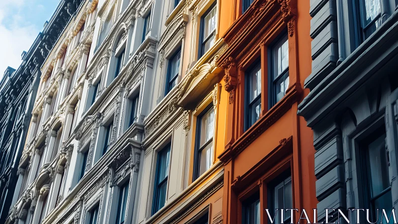 Chromatic cast iron facade rhythm with oblique daylight incidence.