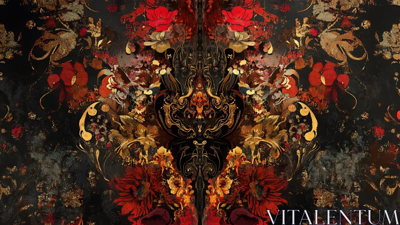 Lush crimson and gold florals swirling in dark romance.