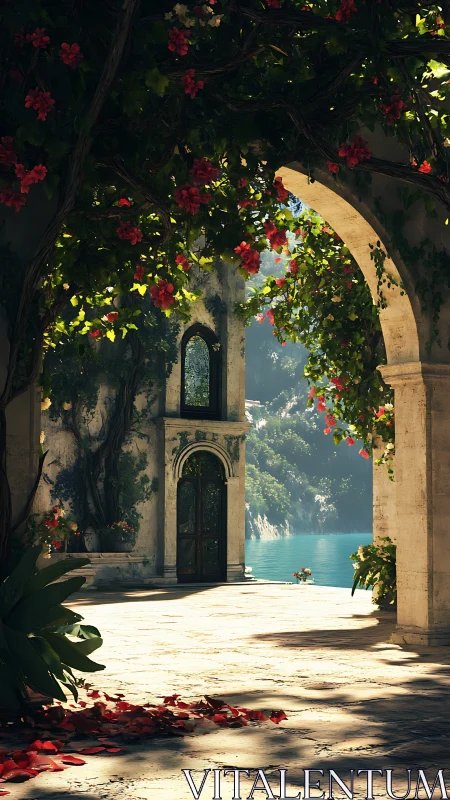 Sunlit Mediterranean archway frames verdant lakeside retreat
