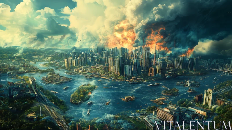 Drowned megacity under apocalyptic stormfire skies.