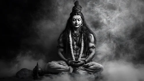 Monochrome meditative yogi amid volumetric smoke and dramatic lighting