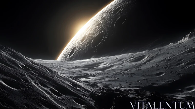 Lunar horizon curves into darkness as sunlight breaks through.