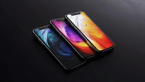 Three modern smartphones with vibrant displays on black background.