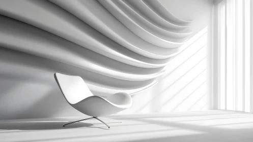 Minimalist interior with sculptural white chair and geometric wall forms