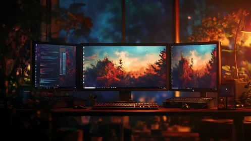 Cozy triple-monitor desk glowing with sunset forest screens.