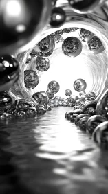 Specular metallic spheres in reflective tunnel fluid conduit.