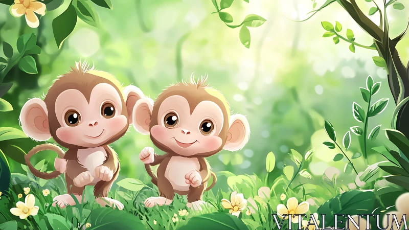 Cartoon twin monkeys rendered in soft-lit stylized jungle foreground