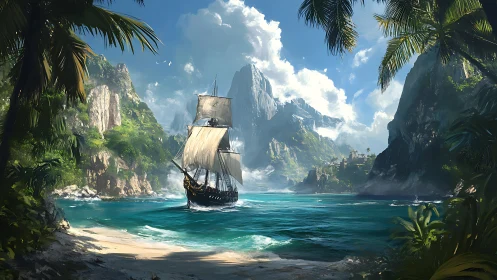Galleon navigates turquoise lagoon amid steep peaks.