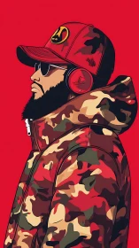 Profile portrait shows man in red camo jacket against red field