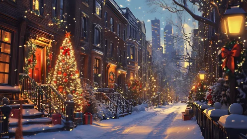 Cozy city street glowing with snowy Christmas magic at dusk.