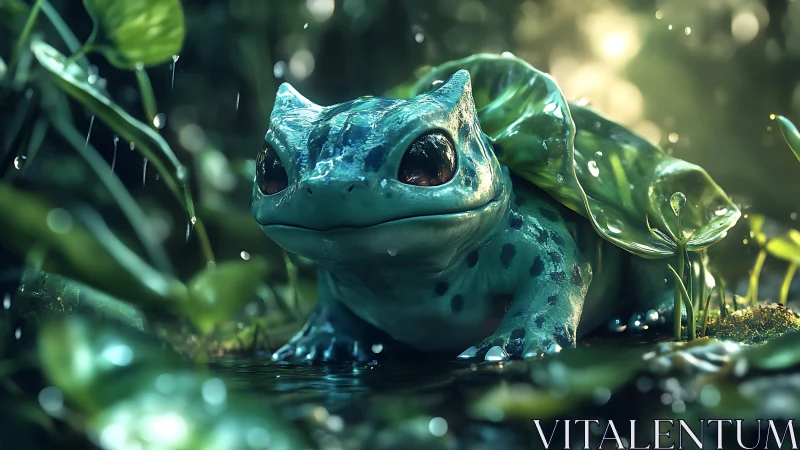 Bulbasaur creature rests in rainlit jungle under leaf