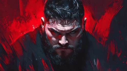 Intense bearded man portrait in red and dark strokes.