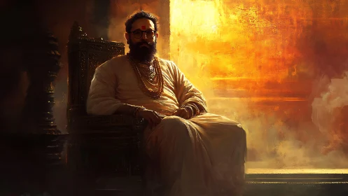 Bearded sage on carved throne in glowing golden light.