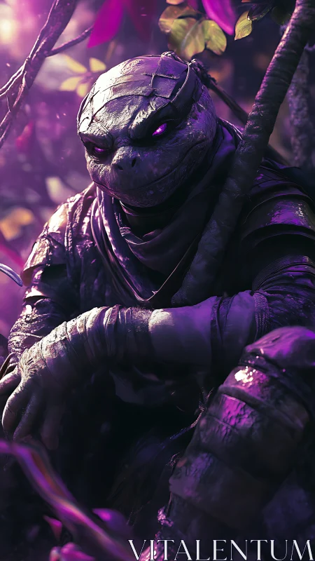 Mystical turtle warrior resting in a glowing violet forest.
