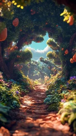 Sunlit forest path winding through a fruity dreamscape.