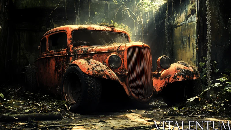 Abandoned vintage orange car decaying in overgrown ruin.
