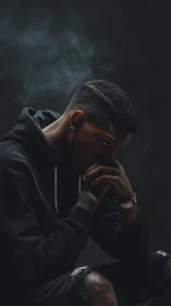 Quietly reflective man in dark hoodie against soft smoke.