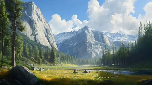 Granite massif and alpine meadow under volumetric daylight.