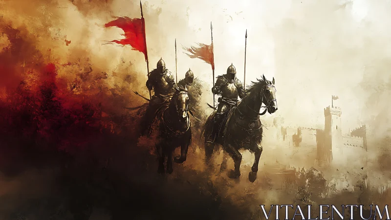 Armored knights charge through fiery battlefield haze.