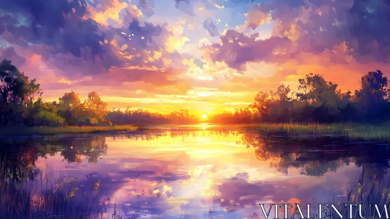 Radiant lake sunset mirrored in expressive painted clouds.