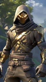 Hooded cyber assassin with golden armored visor stance