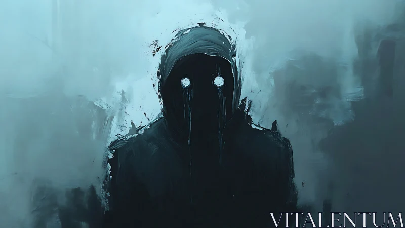 Hooded shadow with glowing eyes in soft blue fog.