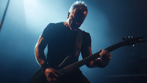 Rock guitarist plays on dark stage under dramatic backlight