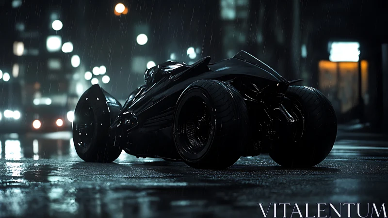 Stealth black futuristic trike waits on wet neon city street