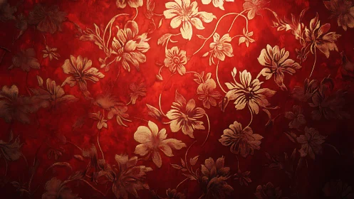 Gold floral pattern overlays textured red background