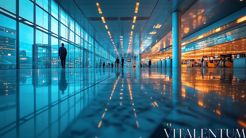 Low-angle transit concourse with reflective lighting geometry.