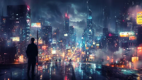 Solitary figure overlooking neon cyberpunk rain cityscape.