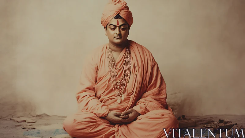 Serene monk in saffron robes rests in peaceful meditation