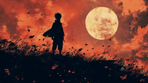 Silhouetted anime wanderer under overexposed lunar disc.
