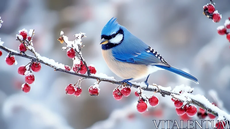 Blue jay perched on snowy berry branch, winter nature photography.