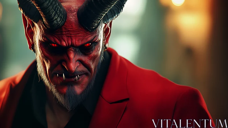 3D demonic portrait in cinematic close-up with red tailoring.