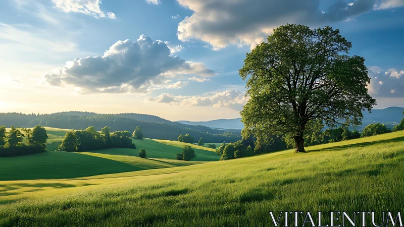 Lone broad tree stands on sunlit rolling green hillside