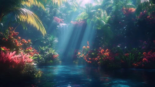 Radiant volumetric light over chromatic jungle cascade.