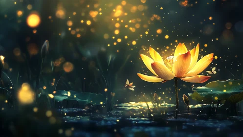 Golden lotus glows softly as fireflies dance around it tonight