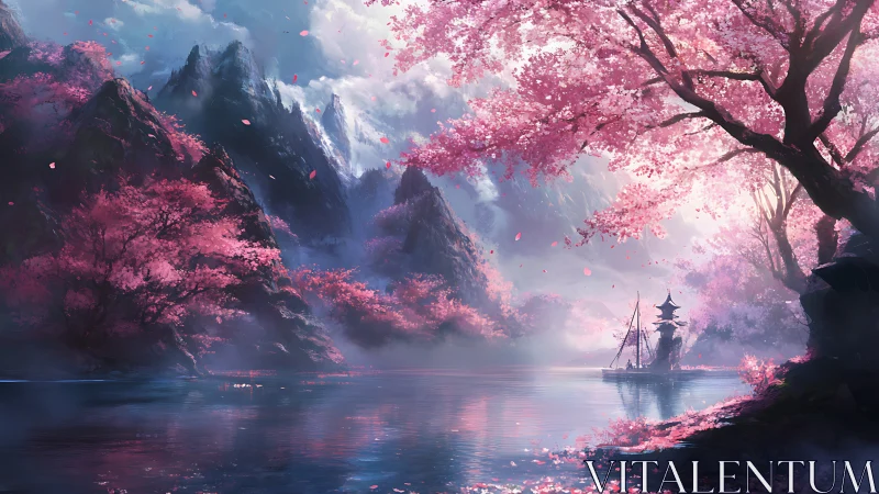 Sakura valley surrounds misty lake and distant pagoda temple.