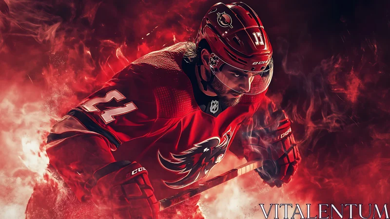 Ice hockey forward in red uniform amid red smoke field.