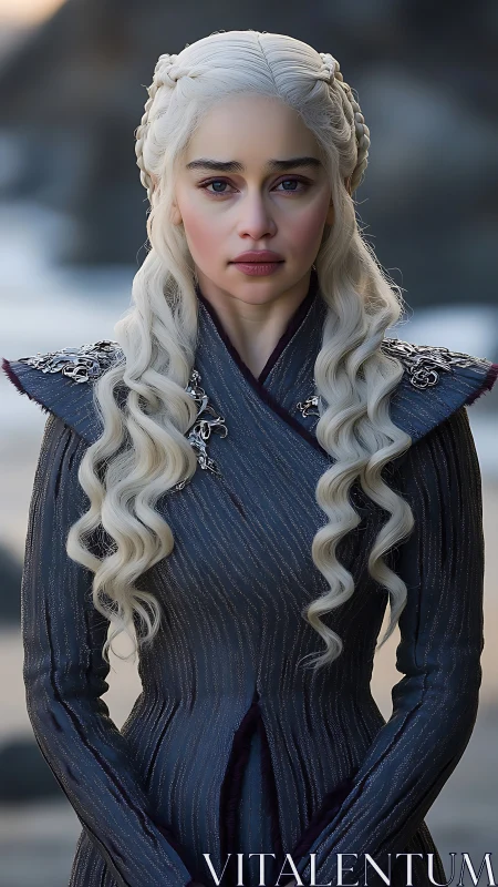 Silver haired queen in dark embroidered coat by shore