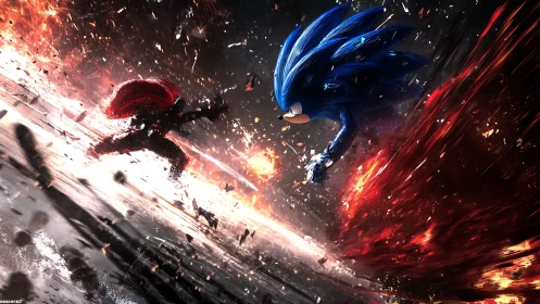 Blue hedgehog figure confronting red warrior in explosion field.