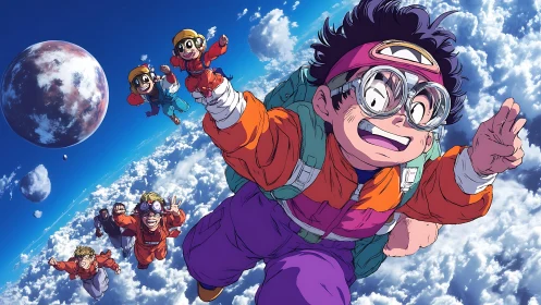 Group of anime characters skydiving above cloud layer in orbit.