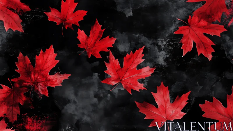 Bold red maple leaves drifting on a moody dark canvas.