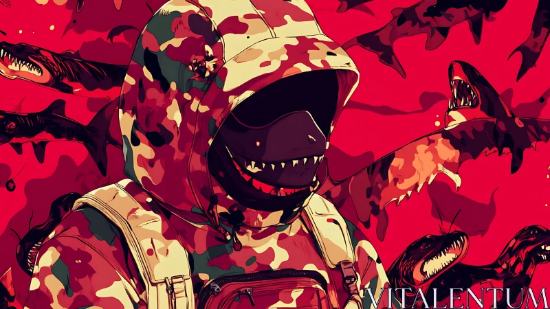 Camouflage shark-hooded wanderer in a swirling red tide.