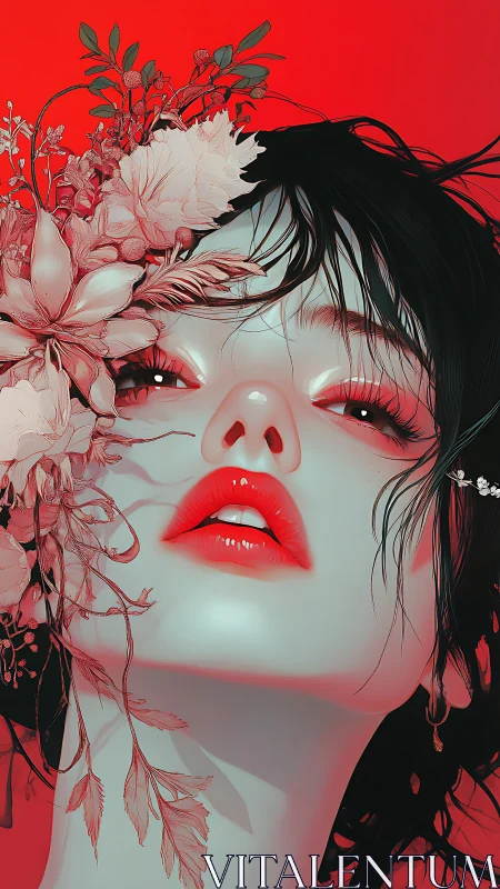 Digital portrait depicts stylized female face with floral elements